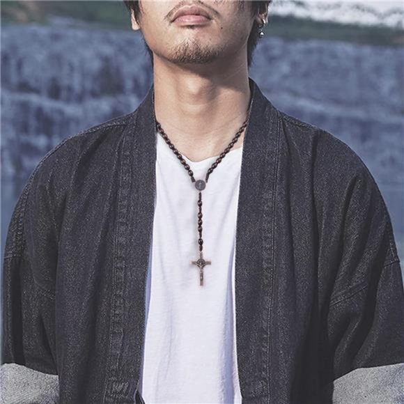 Handmade Wooden Catholic Rosary, Cross Pendant Necklace - Picture 3 of 7